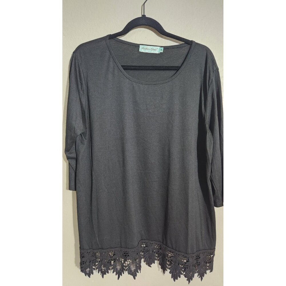 Southern Grace Shirt Womens XL Black Crochet Hem 3/4 Sleeve Knit Top Plus Size